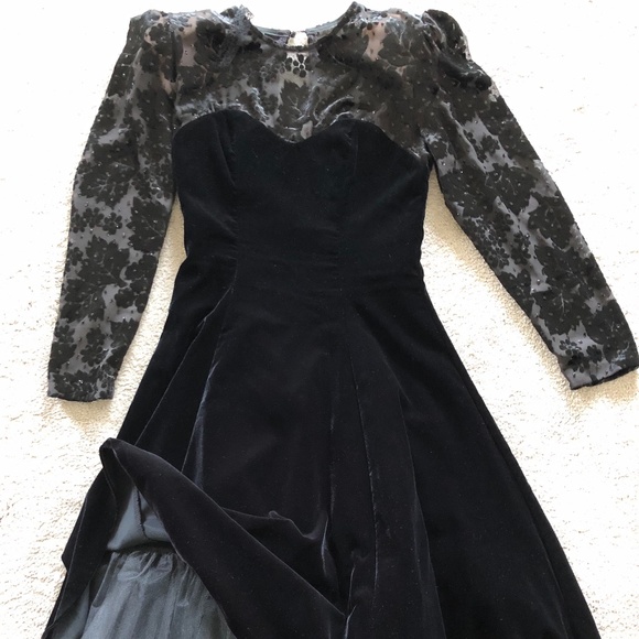 Vintage 80's corset boning velvet sheer sleeves dress sweetheart neck Sz 6 (S) - Picture 2 of 11